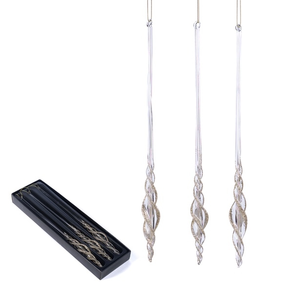 Set 3 Jucării brad Glass Glitter Twist Drop/Icicle Champagne/Clear