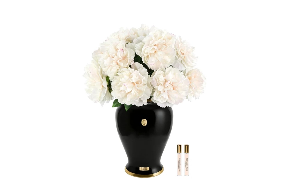 Buchet parfumat de bujori în vază neagră Imperial