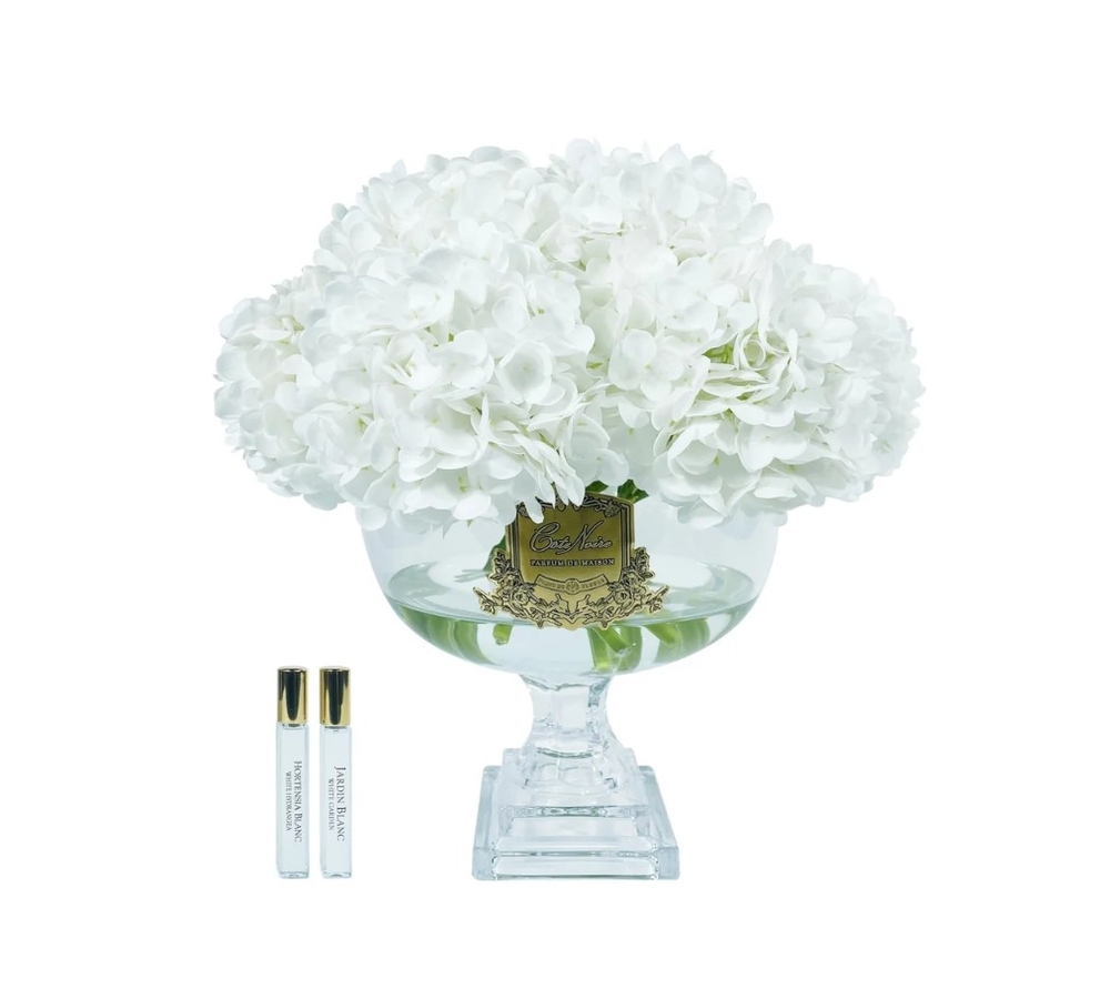 Парфюмированный букет гортензий в прозрачной вазе Provence white