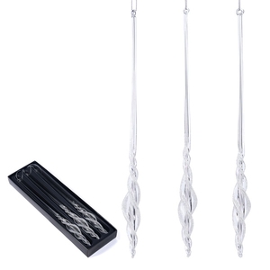 Set of 3 Christmas tree decoration Glass Glitter Twist Drop/Icicle White/Clear 